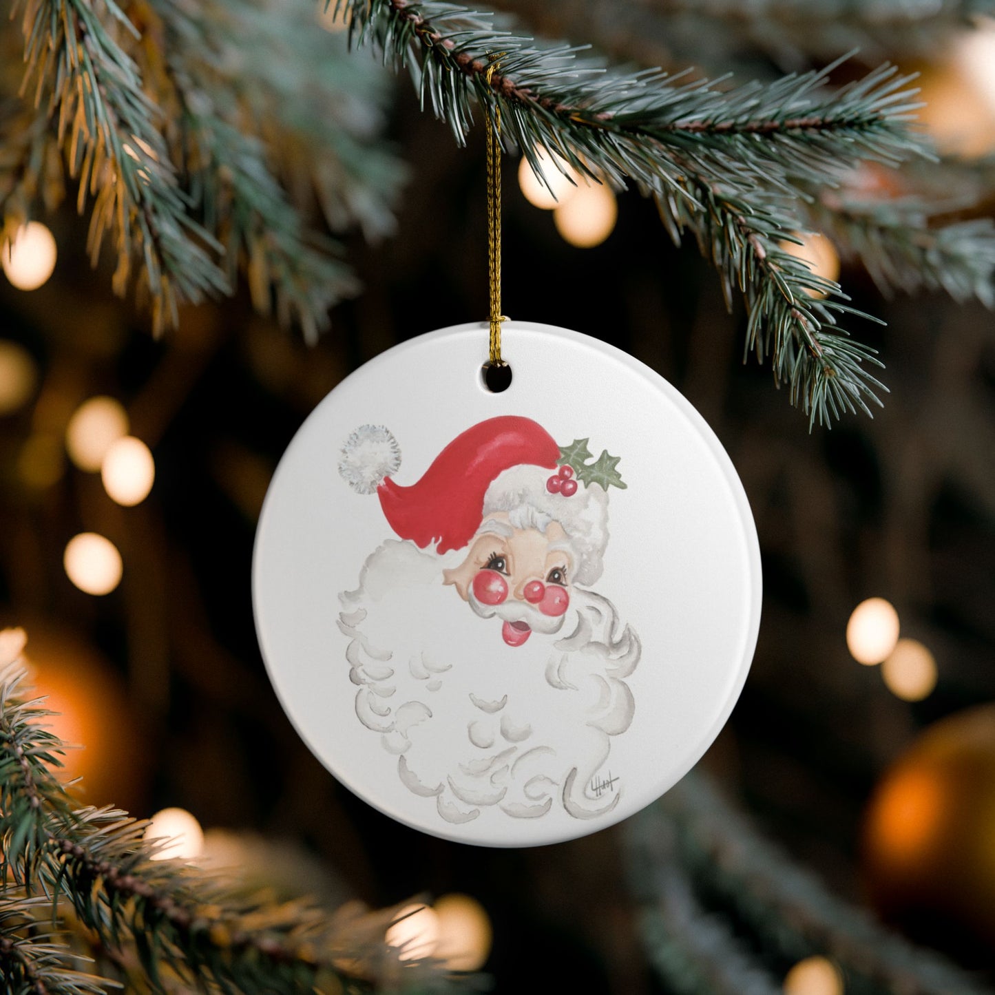 Hey Santa Watercolor Ceramic Ornament