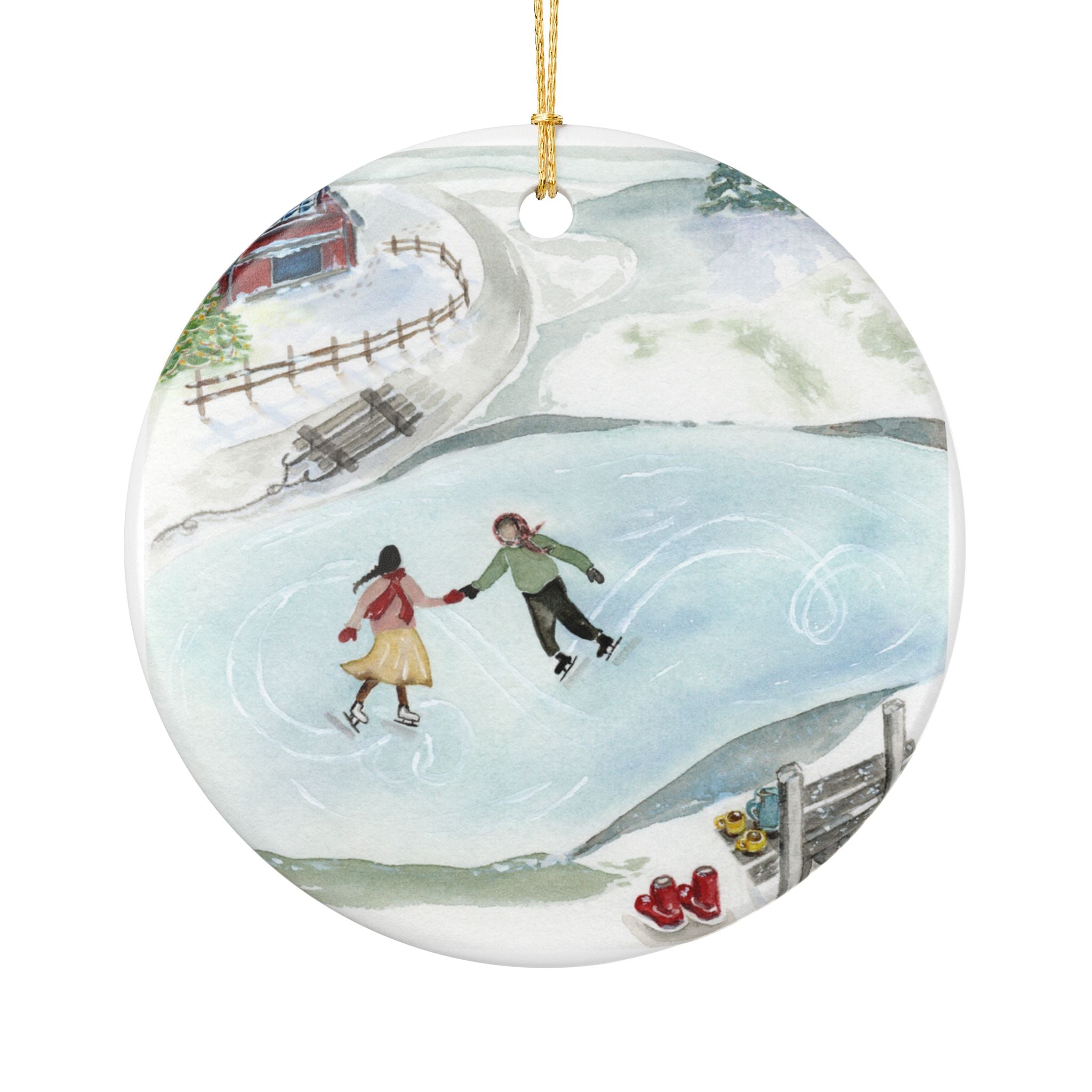 Christmas Day Skate Date Watercolor Ceramic Ornament